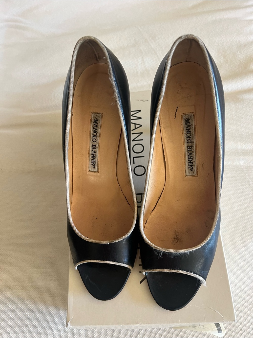 Manolo Blahnik Black Leather Peep-Toe Pumps with Silver Trim